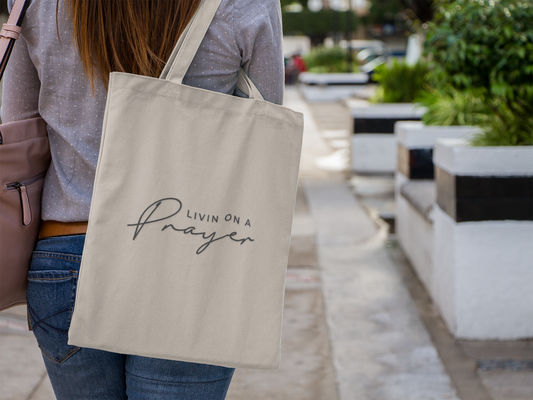 Livin’ on the Prayer Tote – Christian Canvas Bag for Bible Study, Church, & Everyday Errands