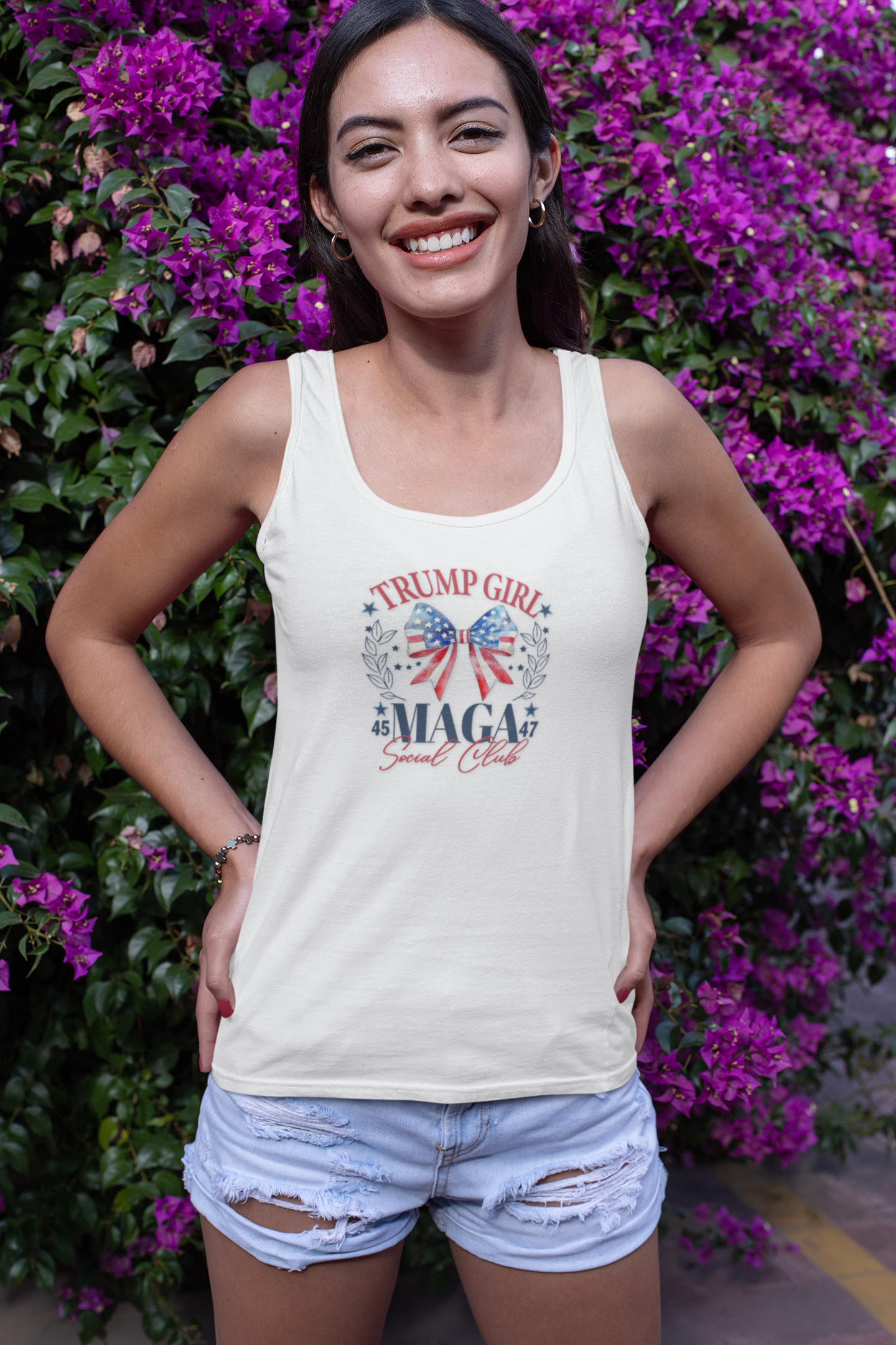 Trump Girl Tank Top – MAGA Social Club USA Flag Racerback for Conservative Women & Patriots