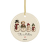 Personalized snowman family of 4 Christmas ornament 2026 with custom names, round ceramic