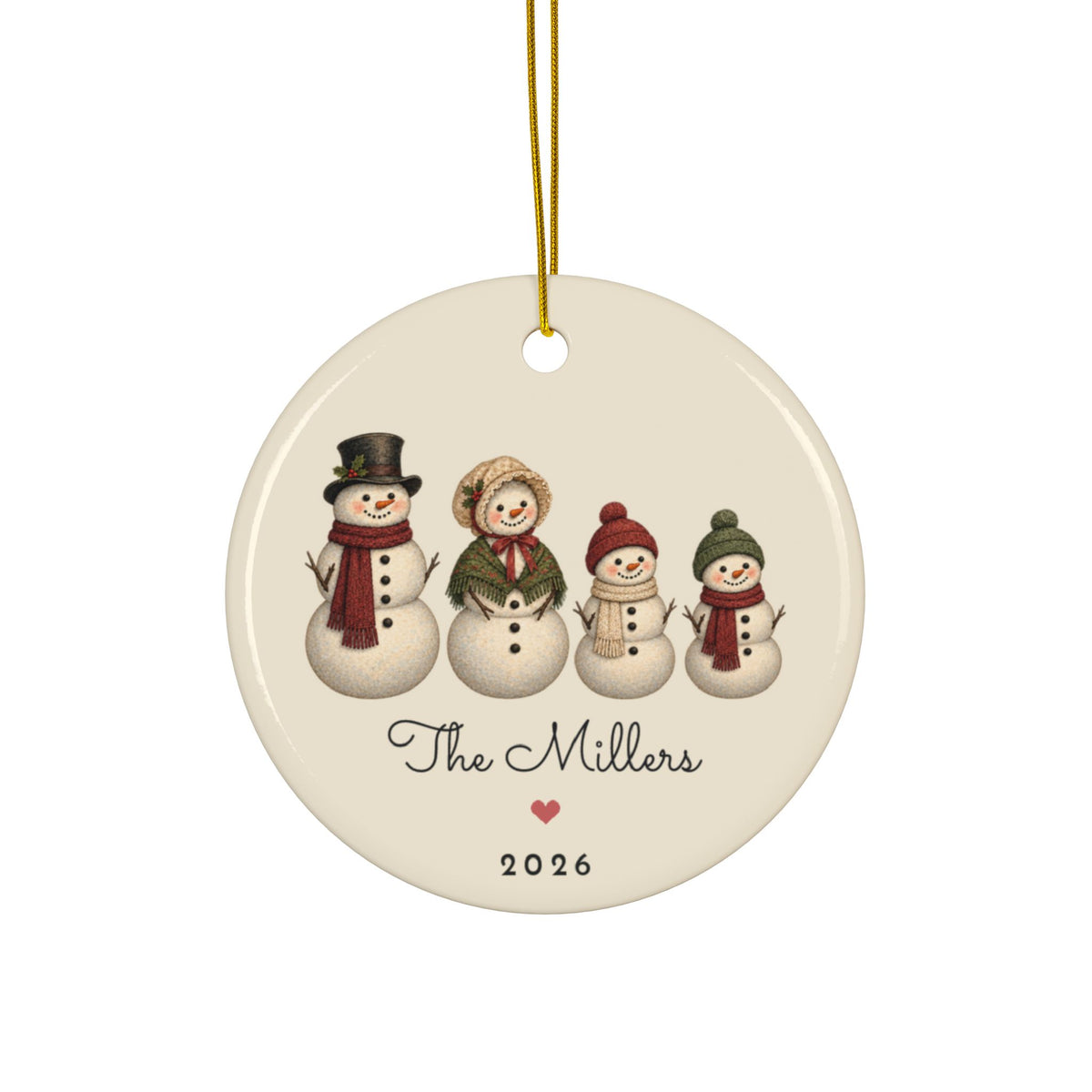 Personalized snowman family of 4 Christmas ornament 2026 with custom names, round ceramic