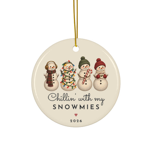 Chillin With My Snowmies personalized ornament for 4 best friends, round ceramic