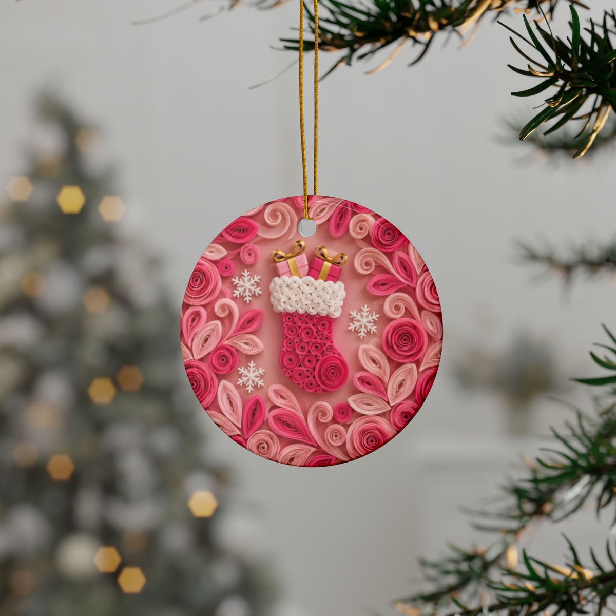 Personalized Pink Stocking Ornament, Quilled Paper Look Ceramic Christmas Ornament with Name, Pink Christmas Gift for Her