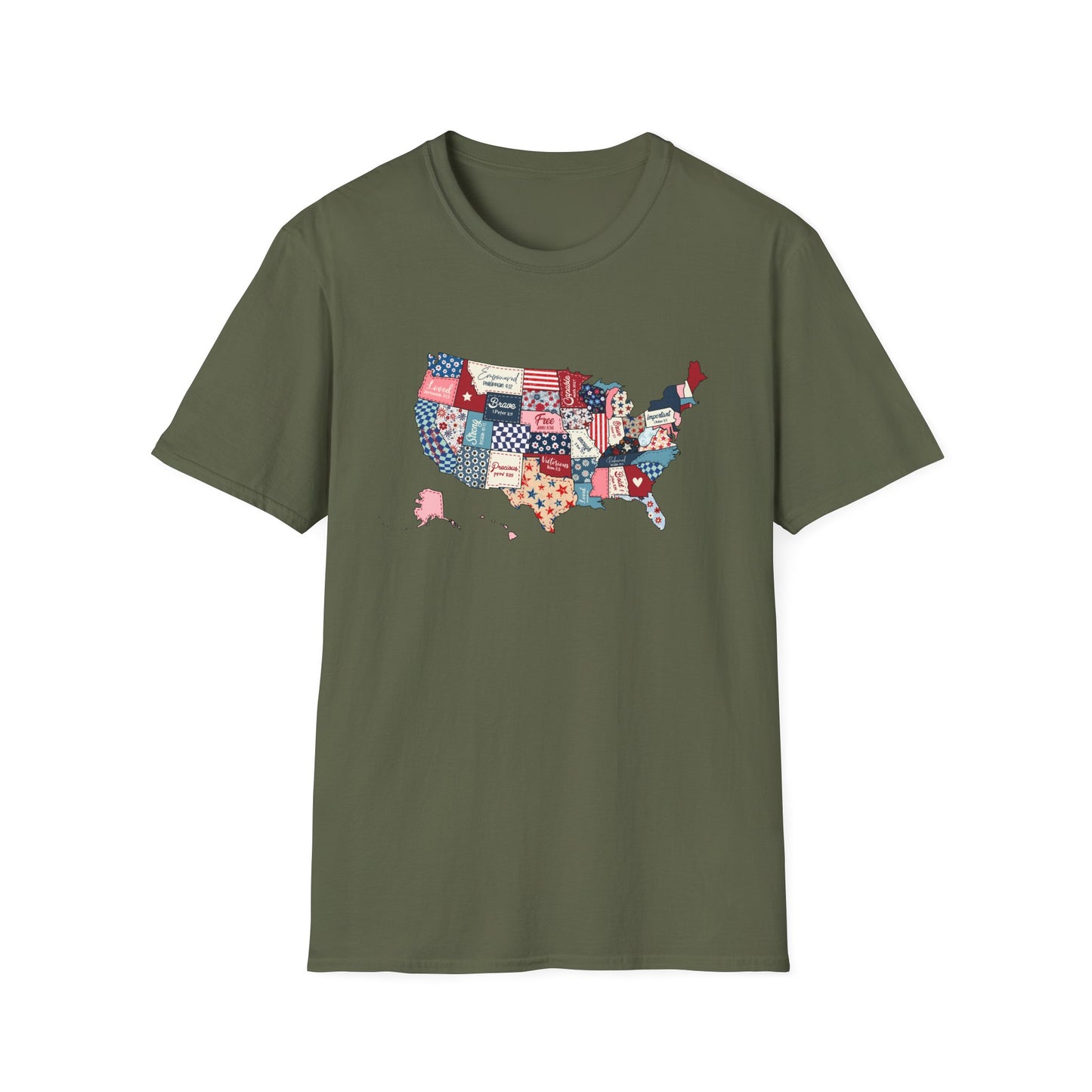 Loved Brave Strong Unisex T-Shirt Christian Patriotic USA Map Scripture Shirt for Men and Women