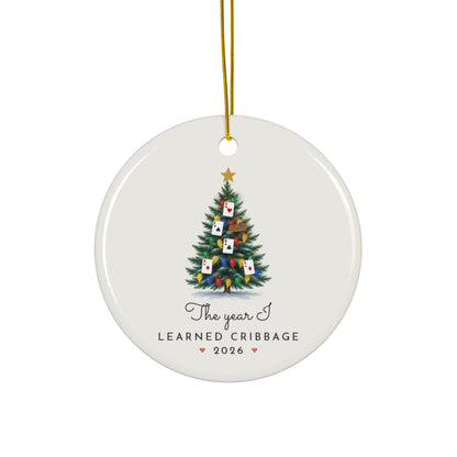 Cribbage Christmas tree ornament 2026, personalized The Year I Learned Cribbage, round ceramic