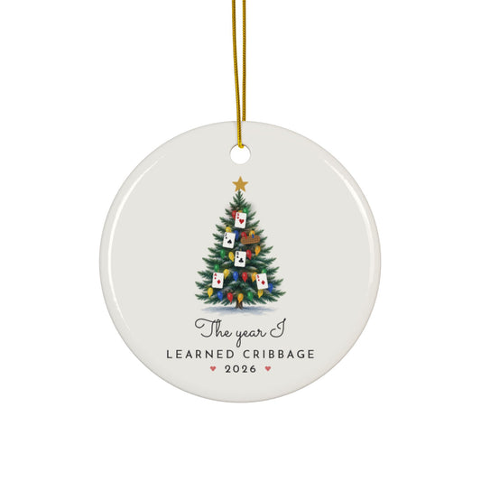 Cribbage Christmas tree ornament 2026, personalized The Year I Learned Cribbage, round ceramic