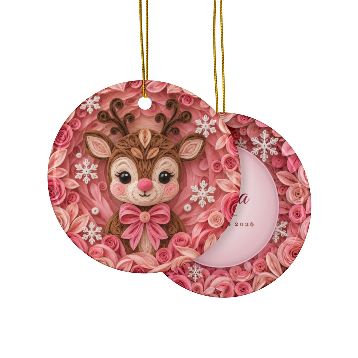 Personalized Pink Reindeer Ornament, Quilled Paper Look Ceramic Christmas Ornament with Name, Cute Girl Christmas Gift