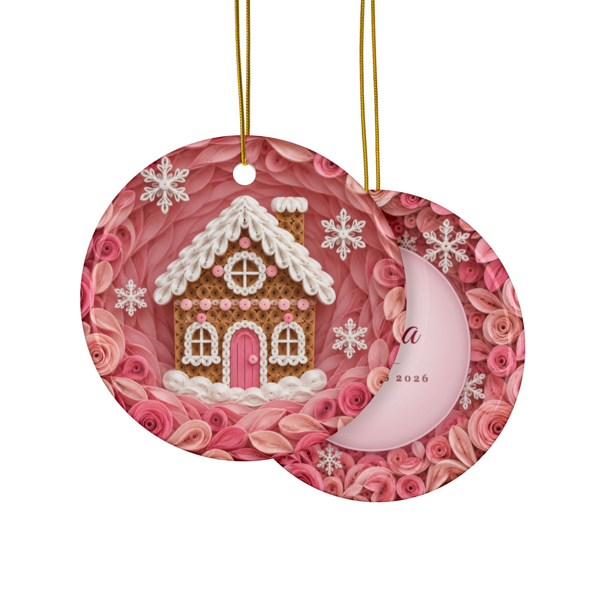Personalized Pink Gingerbread House Ornament, Quilled Paper Look Ceramic Christmas Ornament with Name, Pink Christmas Gift
