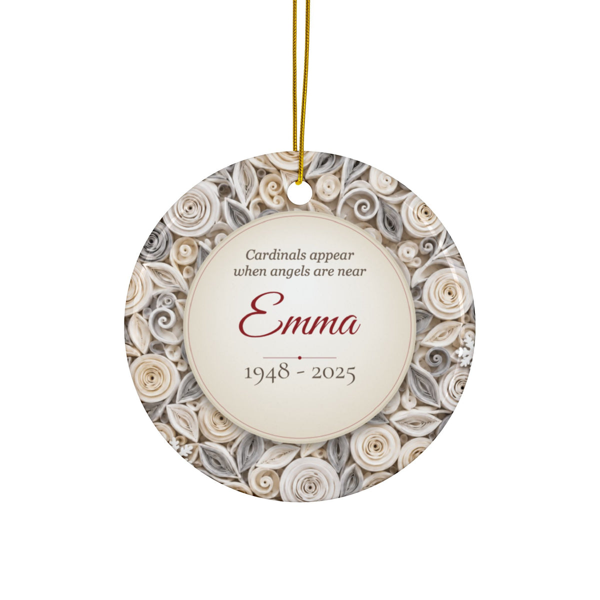 Cardinal Memorial Ornament, Personalized Name and Years, Cardinals Appear When Angels Are Near, Ivory Quilled Paper Look