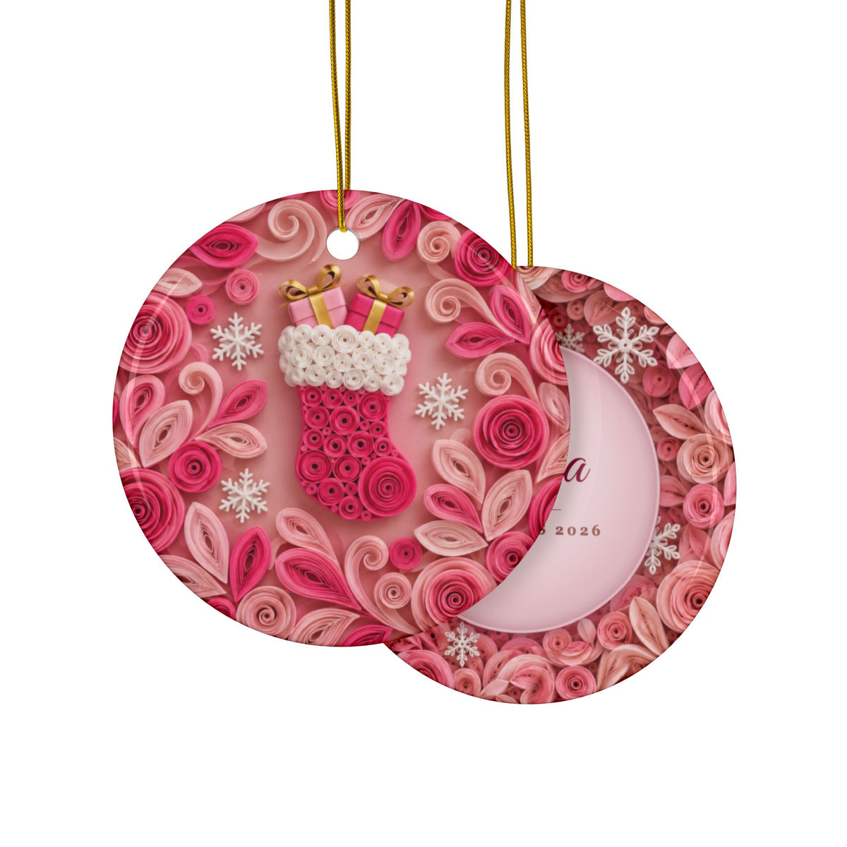 Personalized Pink Stocking Ornament, Quilled Paper Look Ceramic Christmas Ornament with Name, Pink Christmas Gift for Her