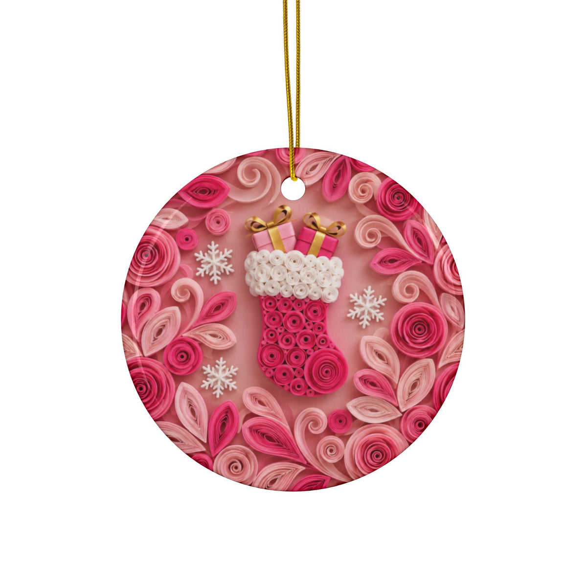 Personalized Pink Stocking Ornament, Quilled Paper Look Ceramic Christmas Ornament with Name, Pink Christmas Gift for Her