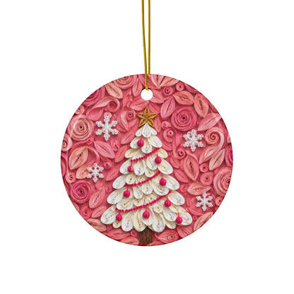 Personalized Pink Christmas Tree Ornament, Quilled Paper Look Ceramic Ornament with Name, White and Pink Christmas Gift