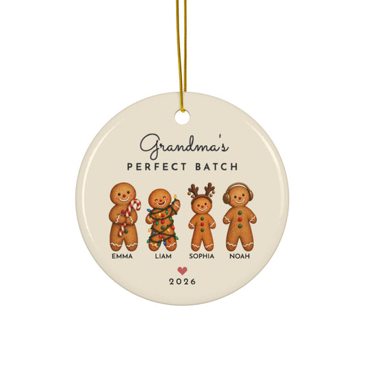 Grandma's Perfect Batch gingerbread Christmas ornament with 4 grandkids names, round ceramic