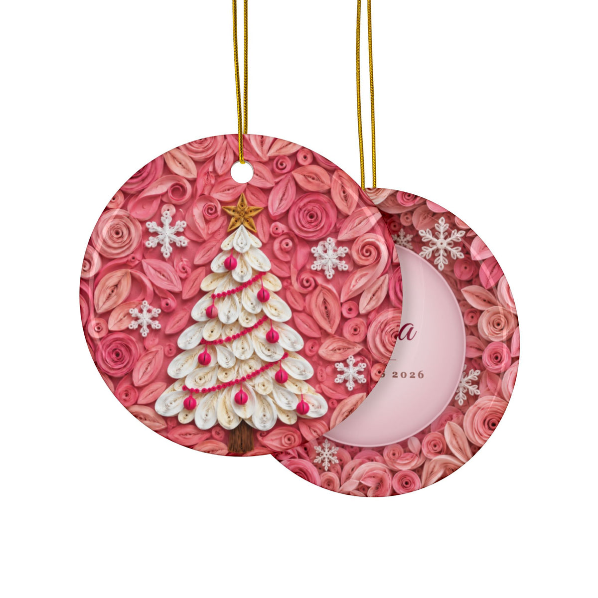 Personalized Pink Christmas Tree Ornament, Quilled Paper Look Ceramic Ornament with Name, White and Pink Christmas Gift