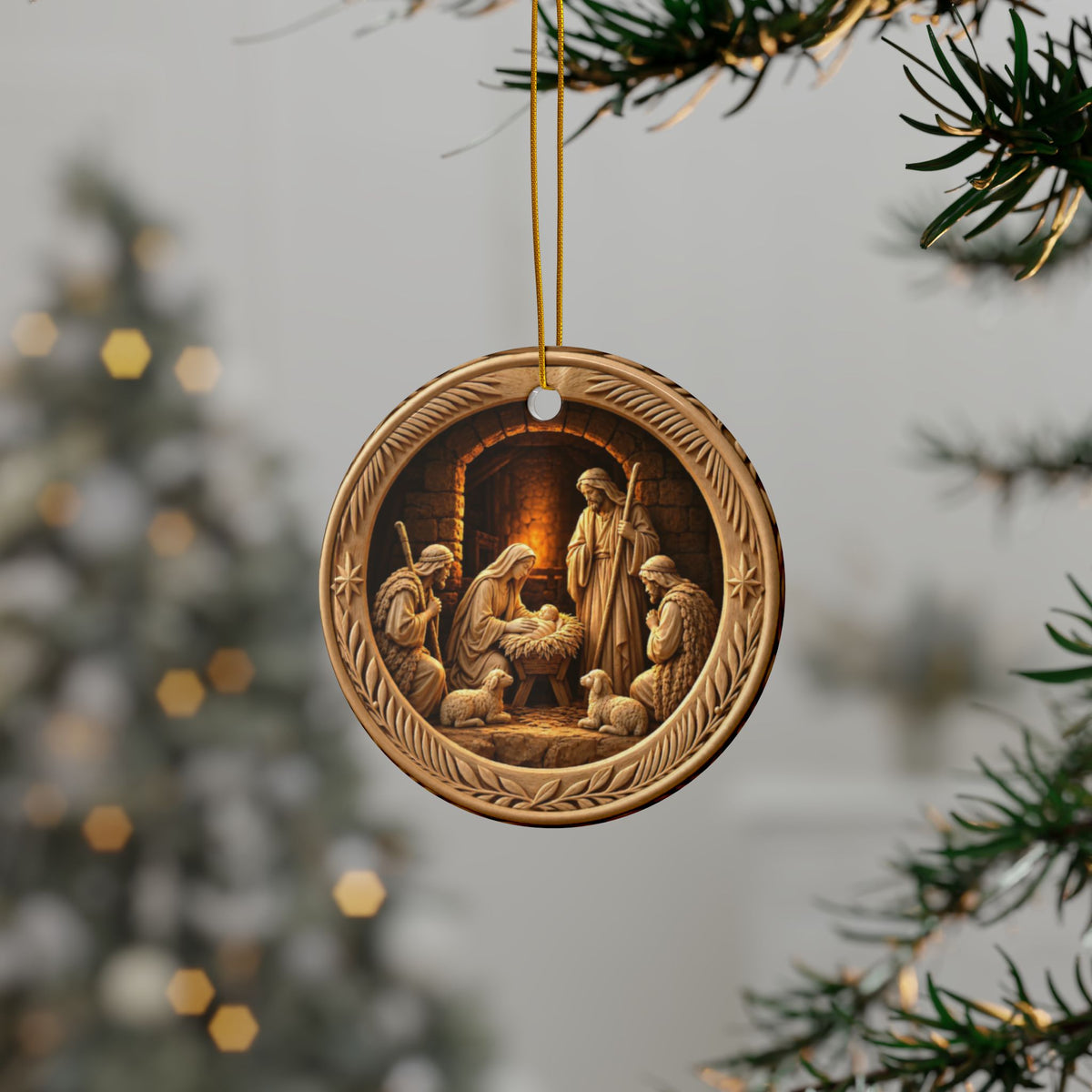 Nativity Christmas Ornament, Carved Look Ceramic Ornament with Luke 2:11 Verse, Christian Christmas Gift