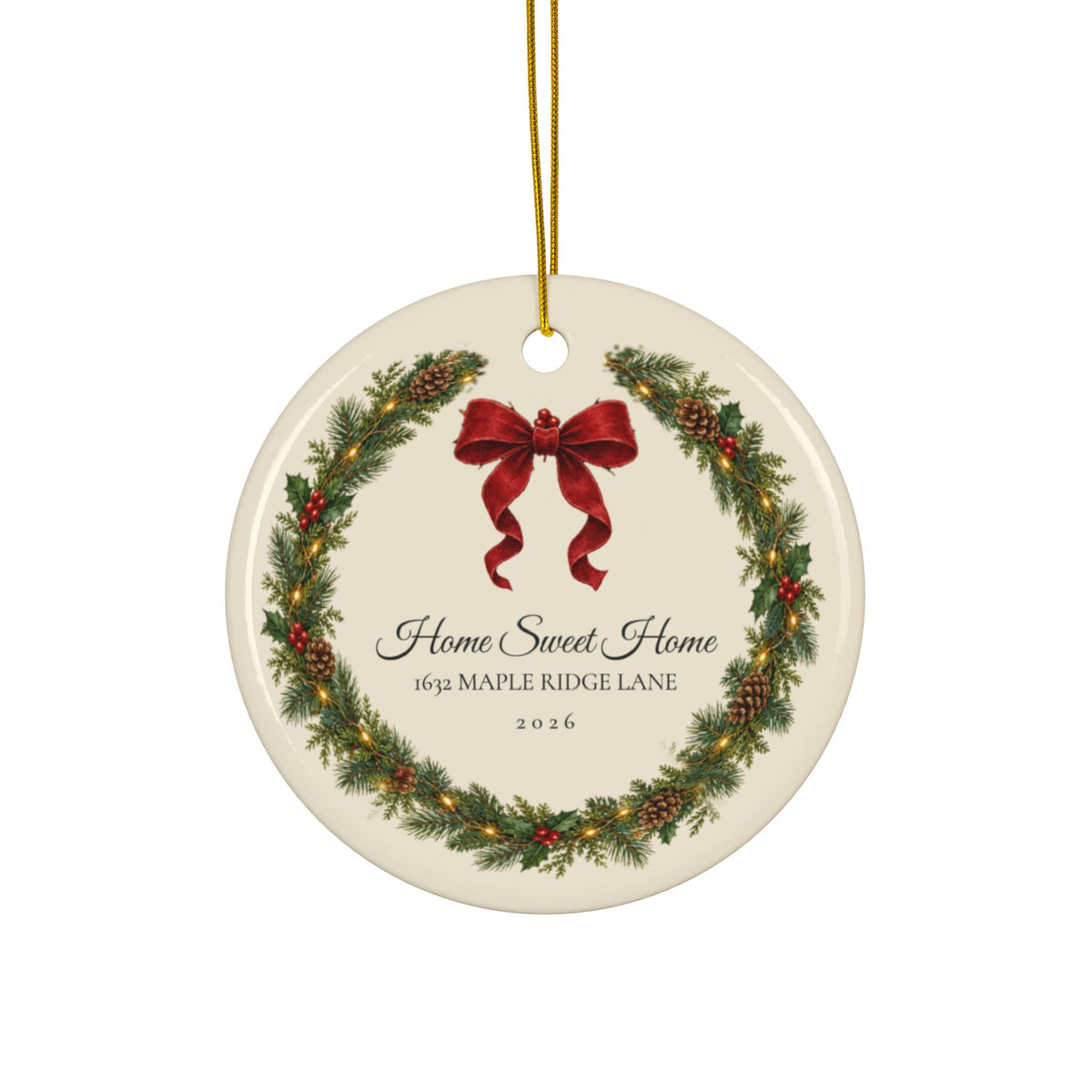 Personalized address Christmas ornament 2026, Home Sweet Home wreath, round ceramic