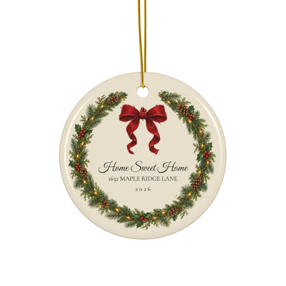 Personalized address Christmas ornament 2026, Home Sweet Home wreath, round ceramic