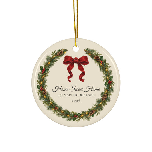 Personalized address Christmas ornament 2026, Home Sweet Home wreath, round ceramic