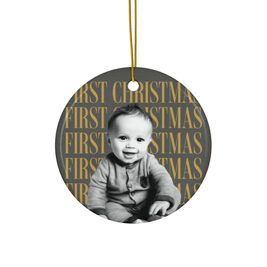 Baby first Christmas ornament 2026 with personalized baby photo, round ceramic