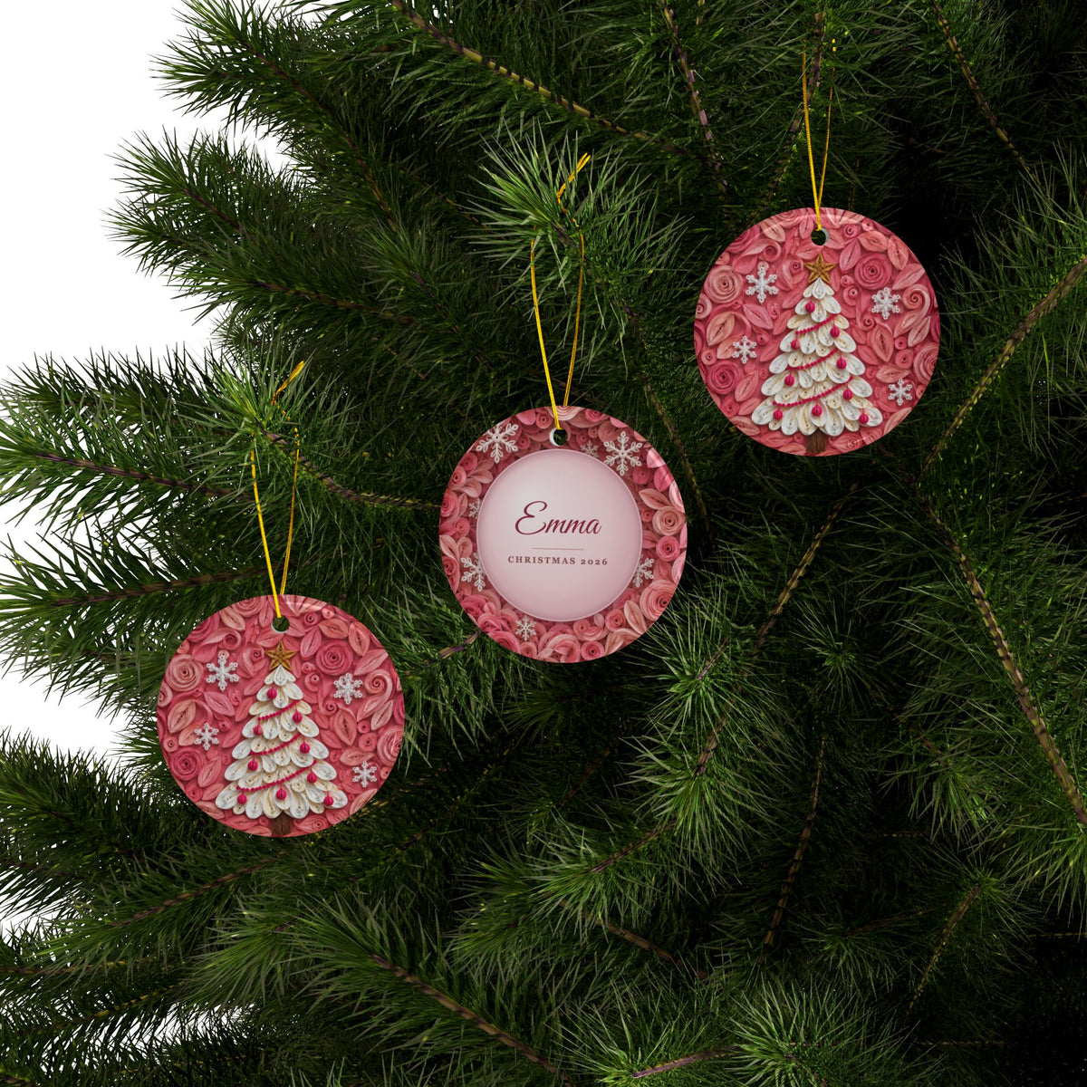 Personalized Pink Christmas Tree Ornament, Quilled Paper Look Ceramic Ornament with Name, White and Pink Christmas Gift