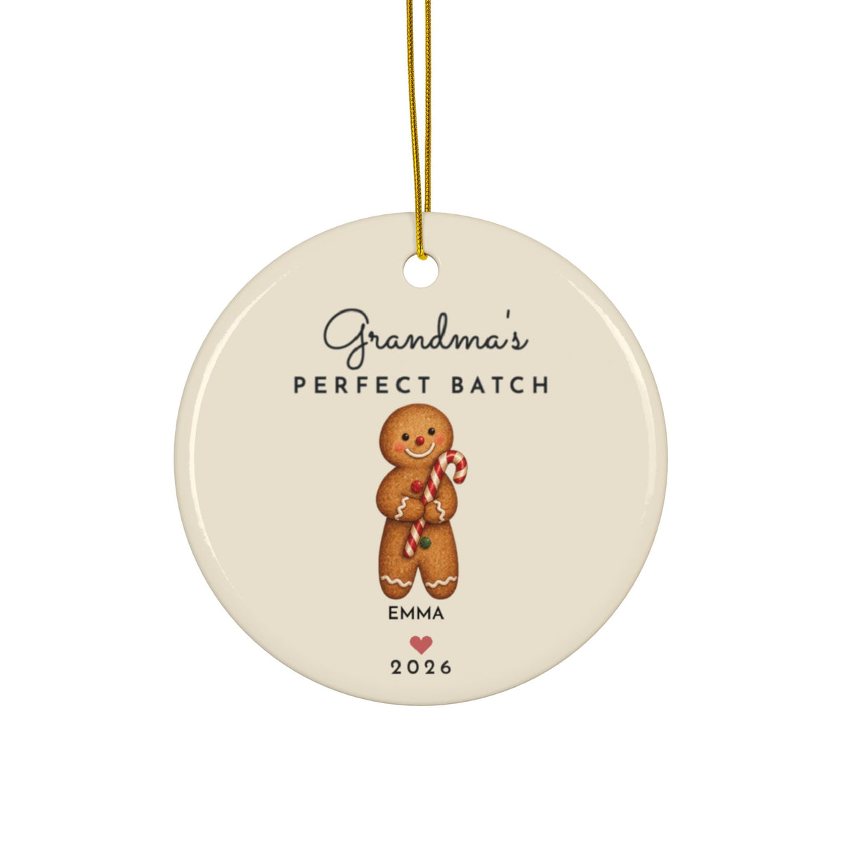 Grandma's Perfect Batch gingerbread Christmas ornament with 1 grandchild name, round ceramic