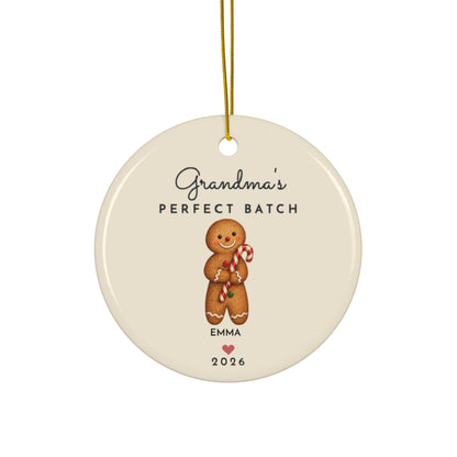 Grandma's Perfect Batch gingerbread Christmas ornament with 1 grandchild name, round ceramic