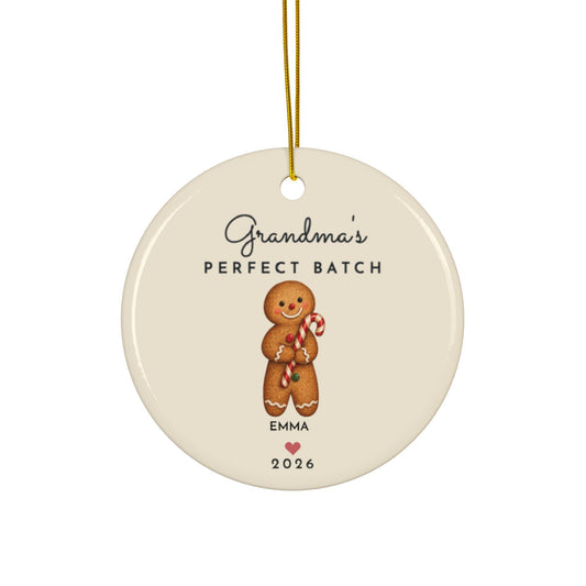Grandma's Perfect Batch gingerbread Christmas ornament with 1 grandchild name, round ceramic