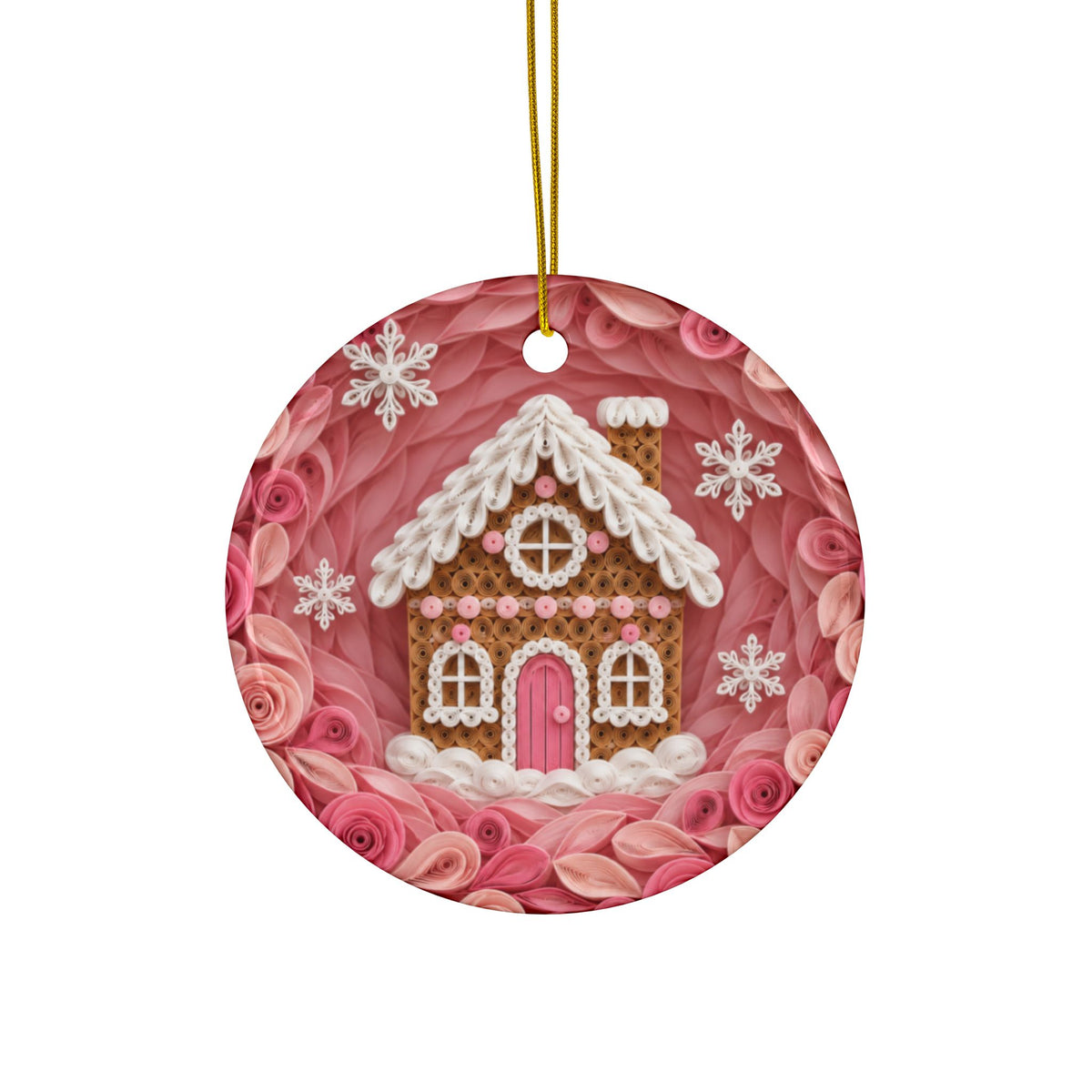 Personalized Pink Gingerbread House Ornament, Quilled Paper Look Ceramic Christmas Ornament with Name, Pink Christmas Gift