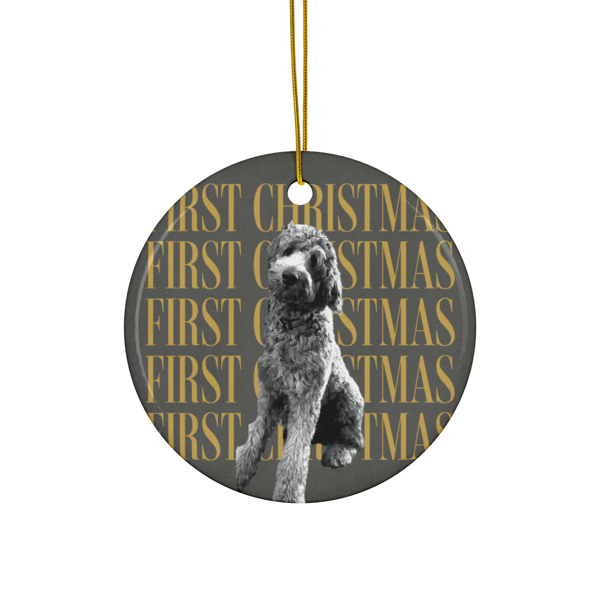 Pet first Christmas ornament 2026 with custom dog photo, round ceramic