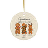 Grandma's Perfect Batch gingerbread Christmas ornament with 3 grandkids names, round ceramic