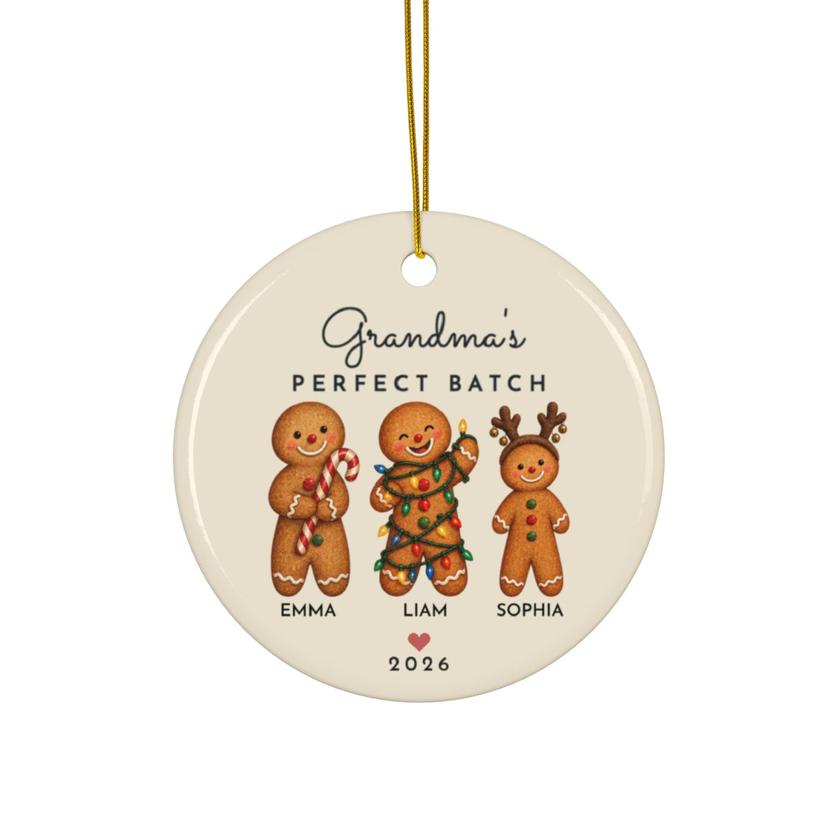 Grandma's Perfect Batch gingerbread Christmas ornament with 3 grandkids names, round ceramic