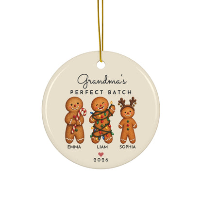 Grandma's Perfect Batch gingerbread Christmas ornament with 3 grandkids names, round ceramic