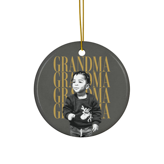 Grandma Christmas ornament 2026 with custom grandchild photo, round ceramic