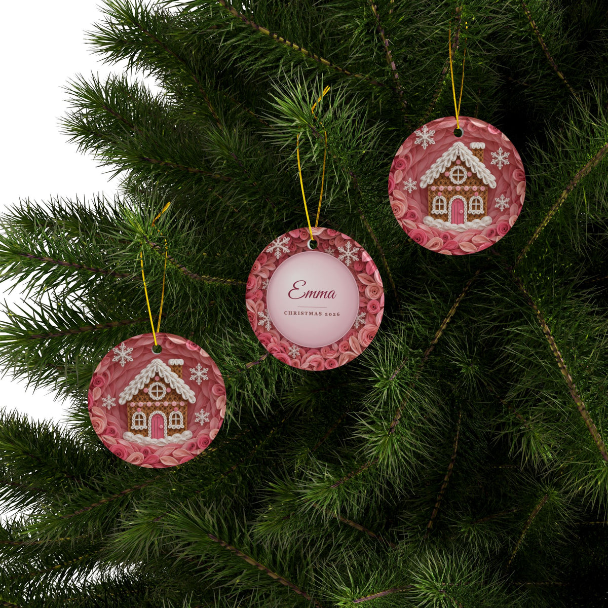 Personalized Pink Gingerbread House Ornament, Quilled Paper Look Ceramic Christmas Ornament with Name, Pink Christmas Gift