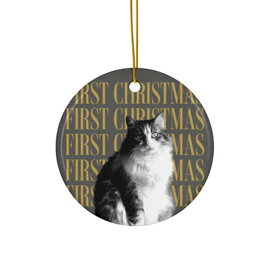 Cat first Christmas ornament 2026 with custom cat photo, round ceramic