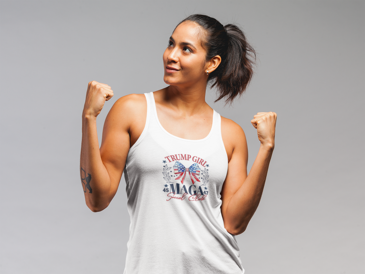 Trump Girl Tank Top – MAGA Social Club USA Flag Racerback for Conservative Women & Patriots