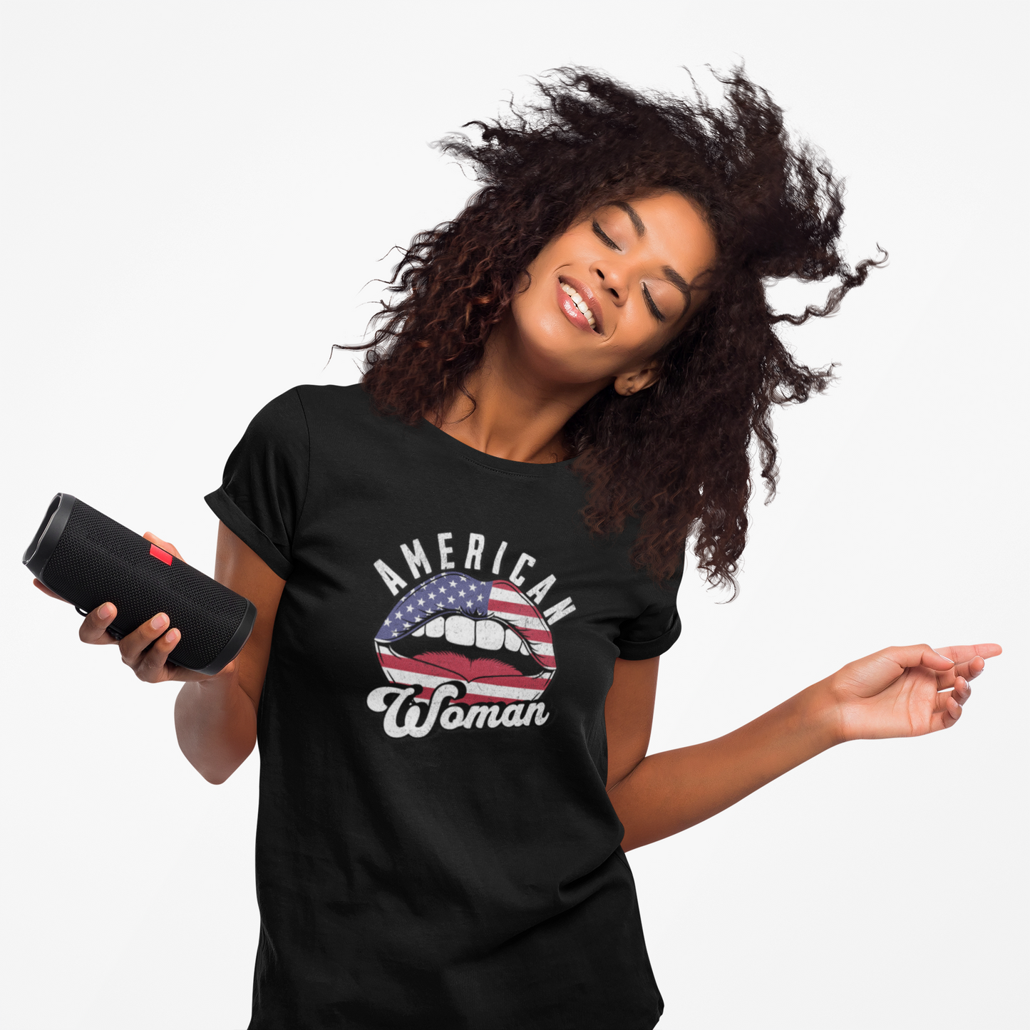 American Woman T-Shirt – Unisex Patriotic Graphic Tee with Bold Lips Design Inspired by Rock & Roll Style