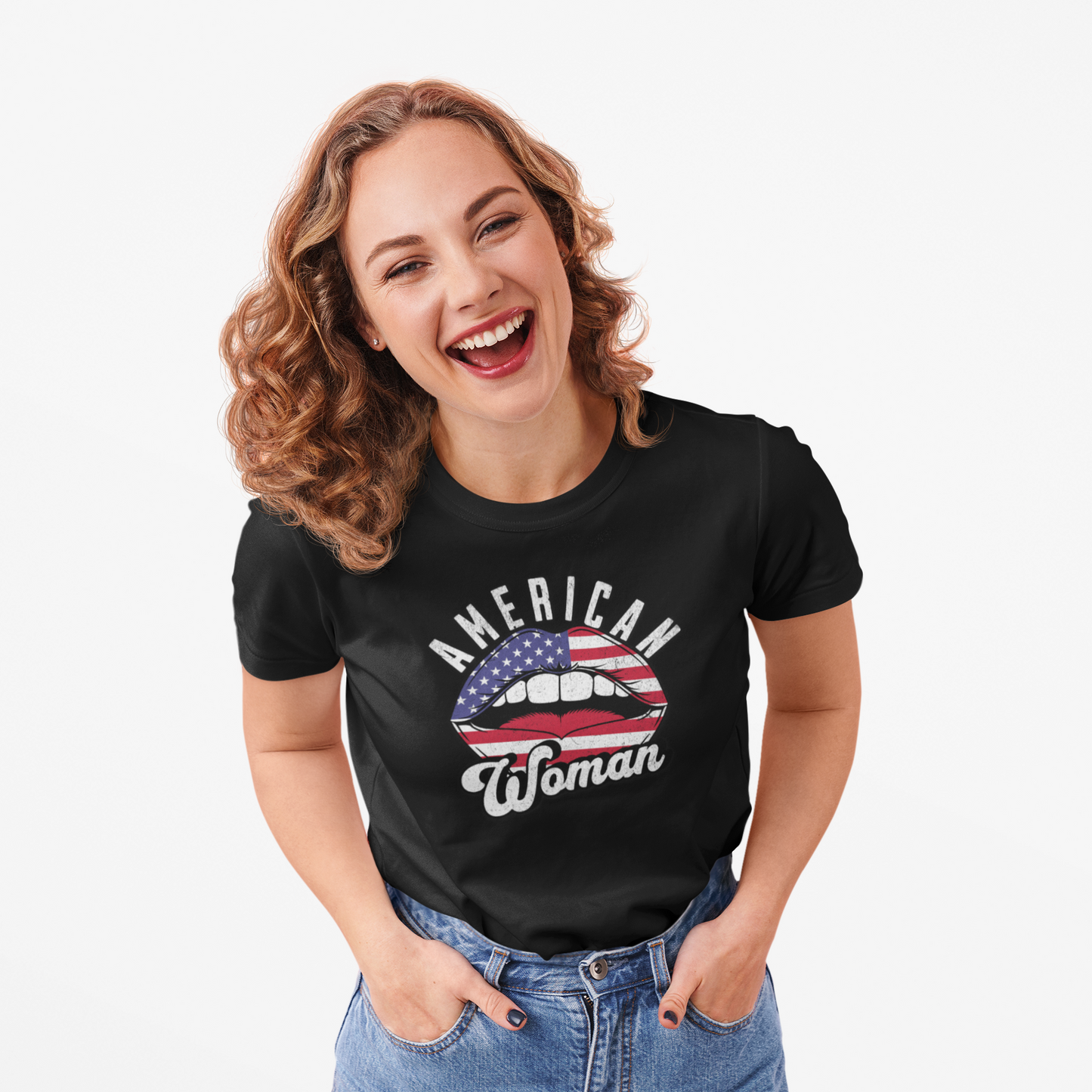American Woman T-Shirt – Unisex Patriotic Graphic Tee with Bold Lips Design Inspired by Rock & Roll Style