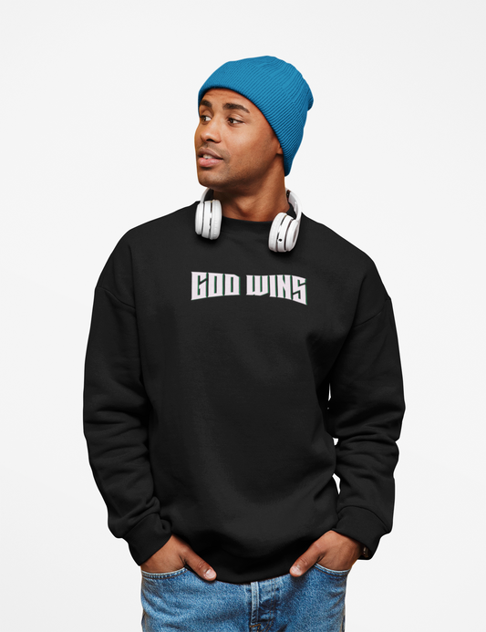 God Wins Sweatshirt – Christian Crewneck with GreenBeard Militia Back Print | Faith-Based Unisex Pullover
