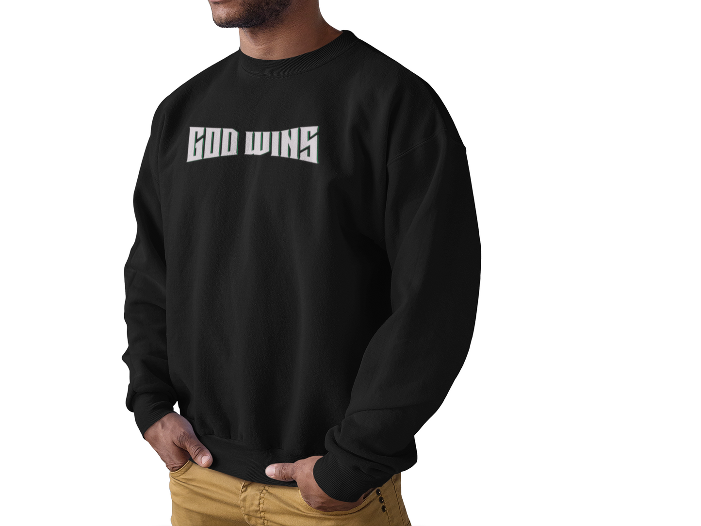 God Wins Crewneck Sweatshirt – Christian Faith Apparel with GreenBeard Militia Back Design