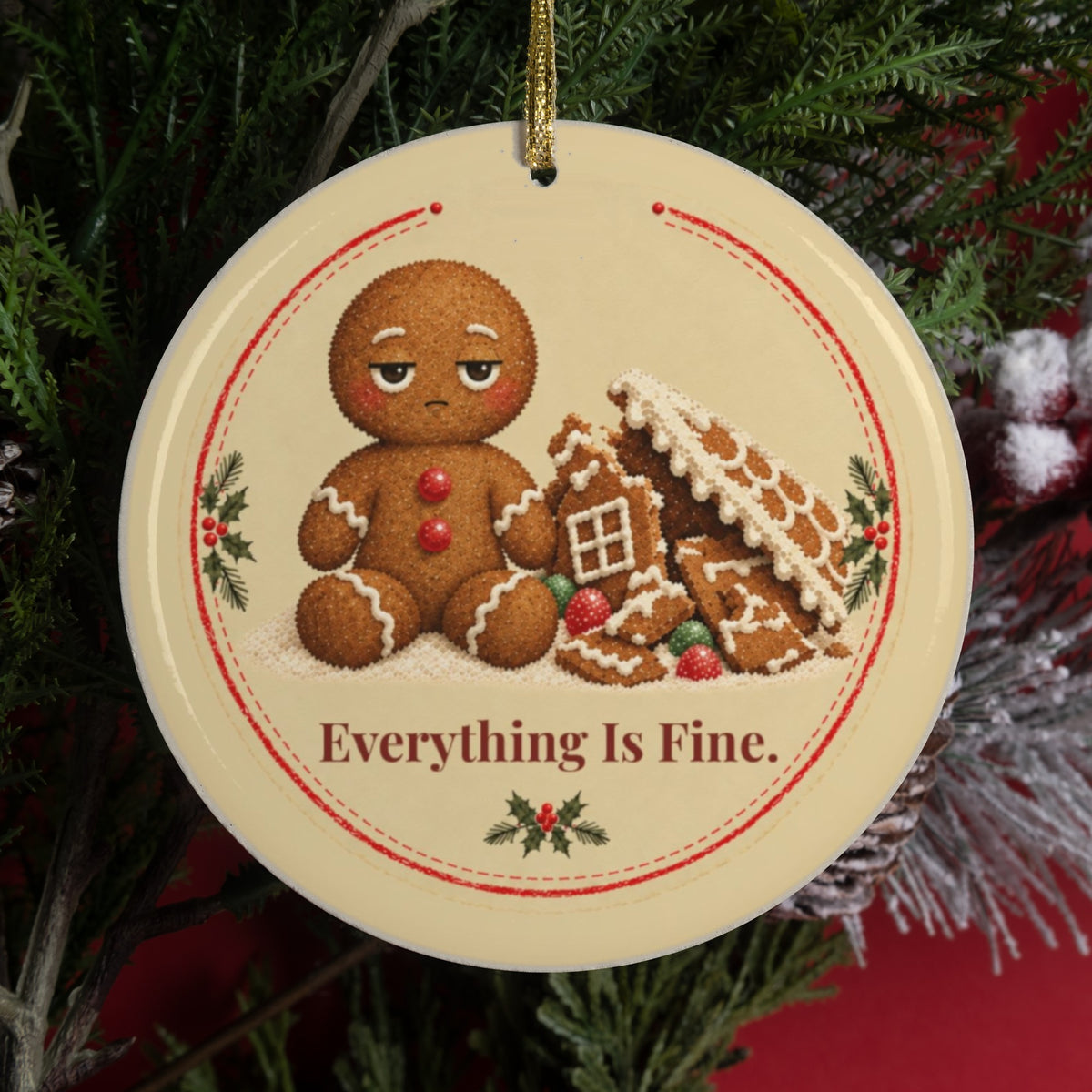 Funny gingerbread Christmas ornament that says Everything Is Fine