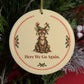 Funny reindeer Christmas ornament that says Here We Go Again, tangled lights