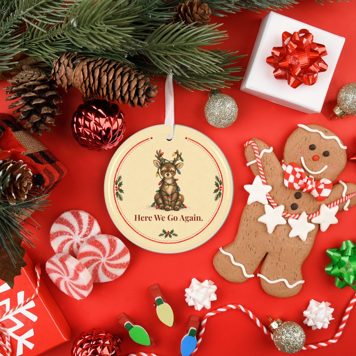 Funny reindeer Christmas ornament Here We Go Again, view 8