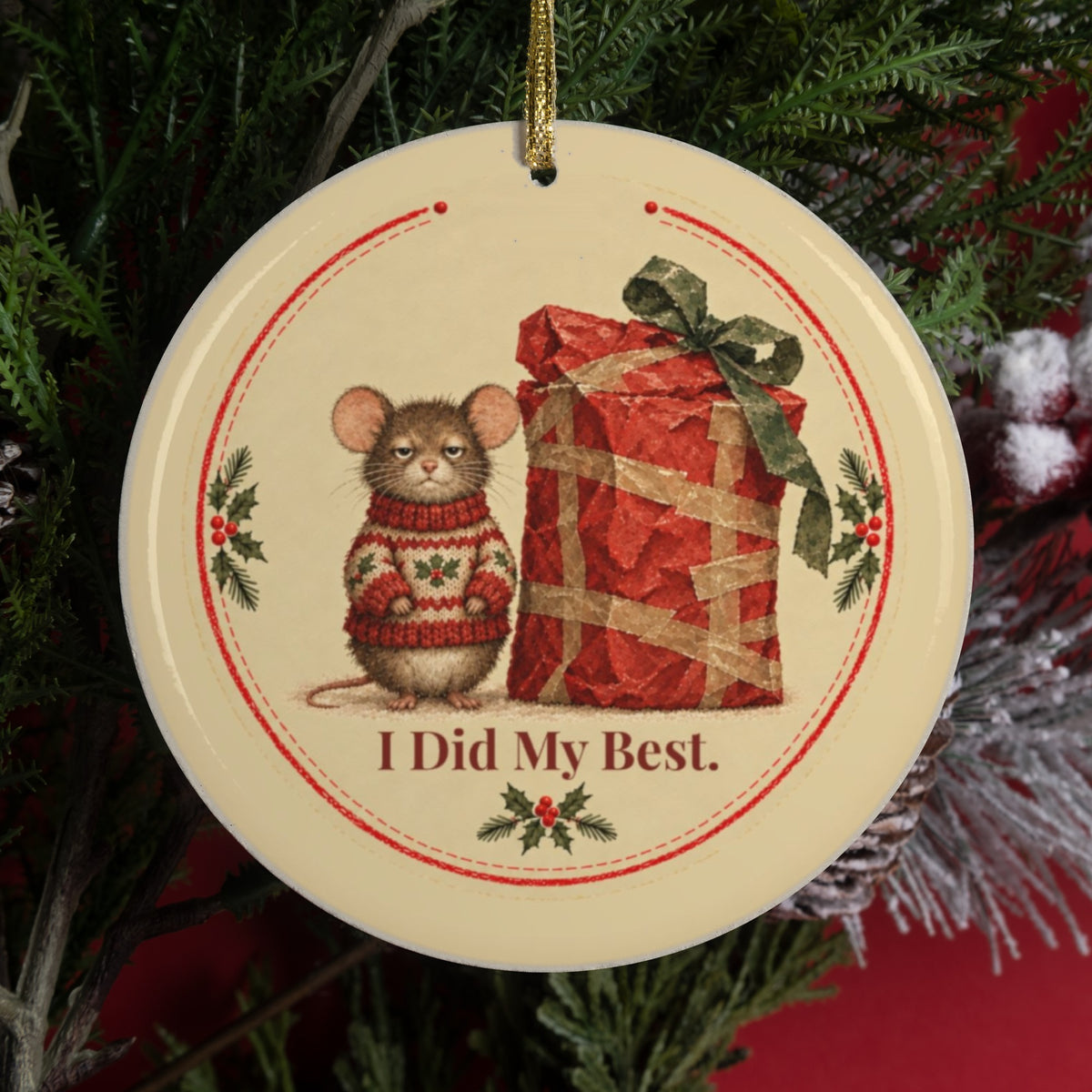 Funny mouse Christmas ornament that says I Did My Best, bad gift wrapping