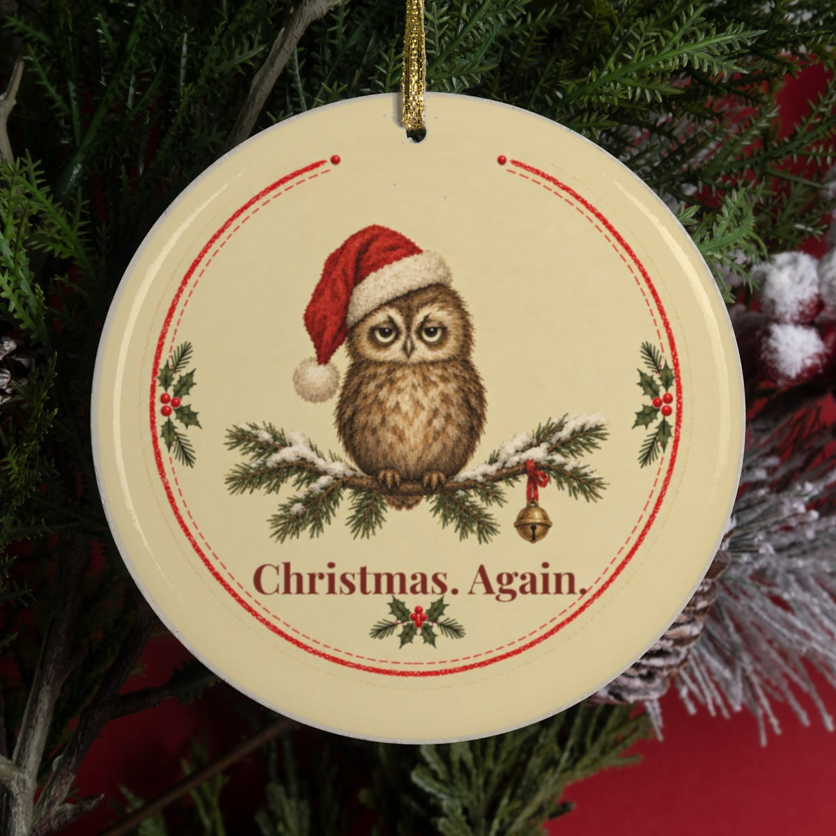 Funny owl Christmas ornament that says Christmas. Again.