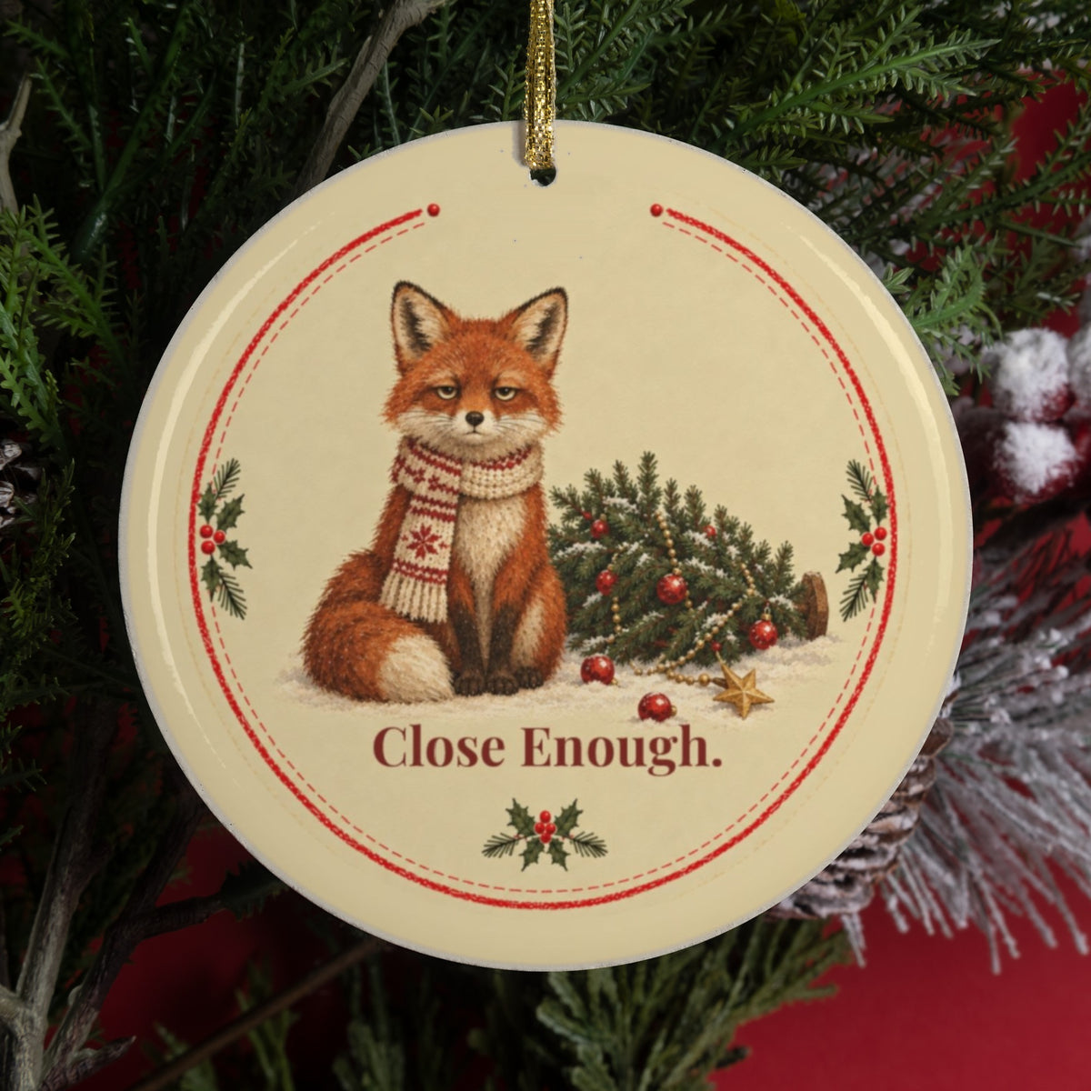 Funny fox Christmas ornament that says Close Enough, fallen Christmas tree