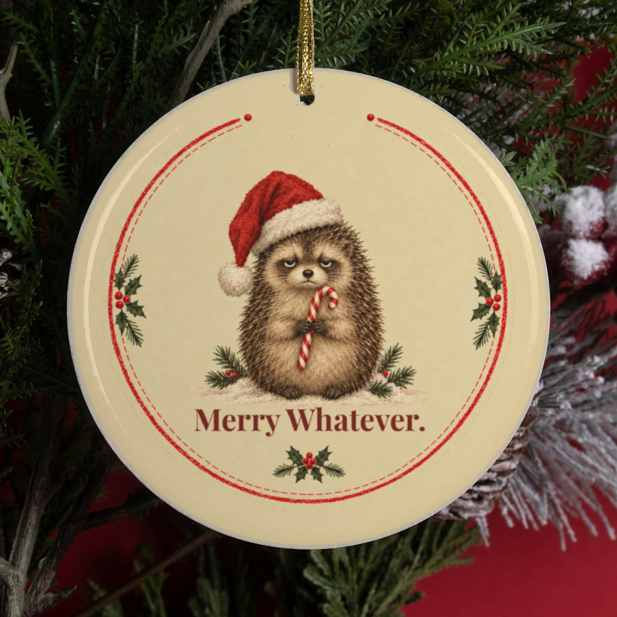 Funny hedgehog Christmas ornament that says Merry Whatever