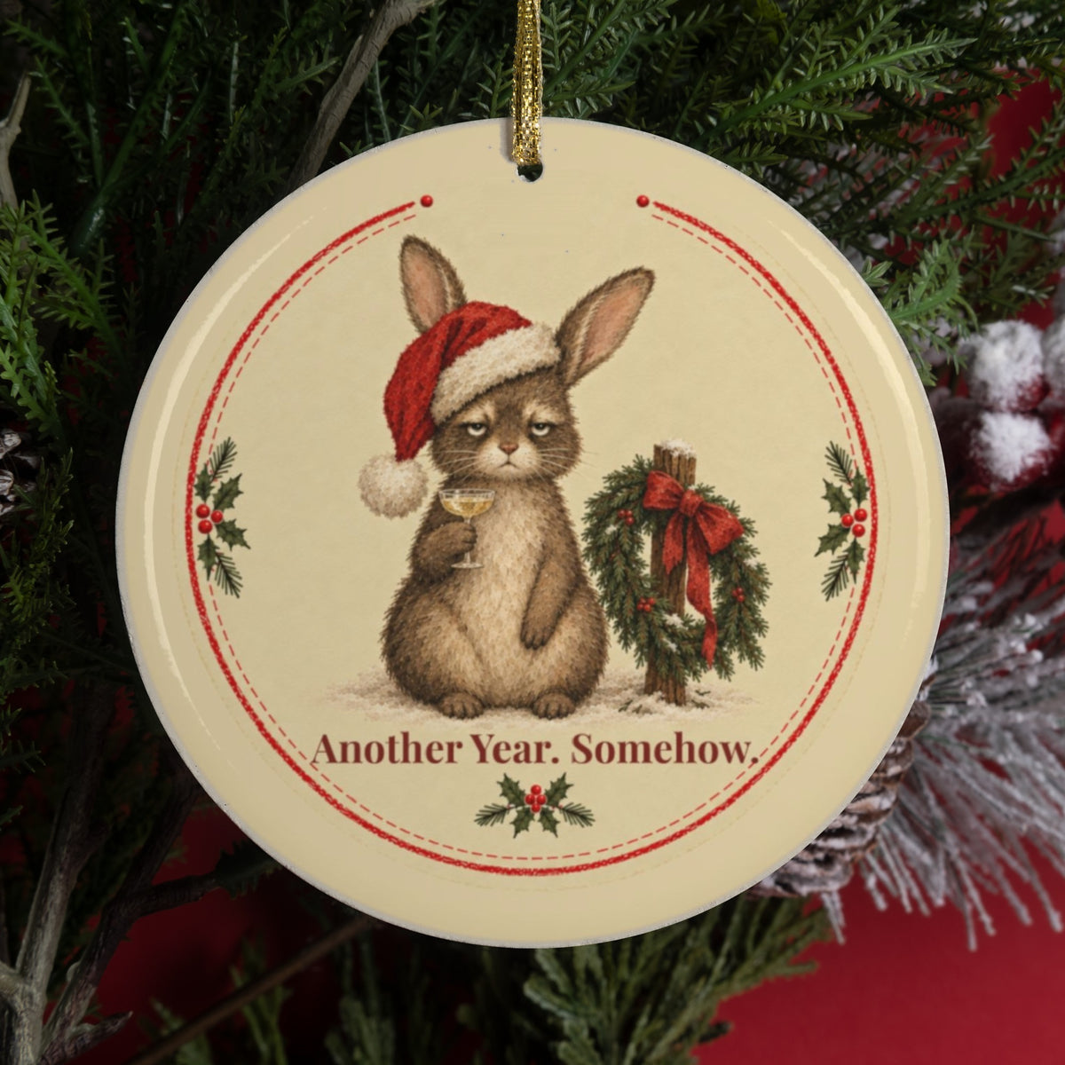 Funny rabbit Christmas ornament that says Another Year. Somehow.