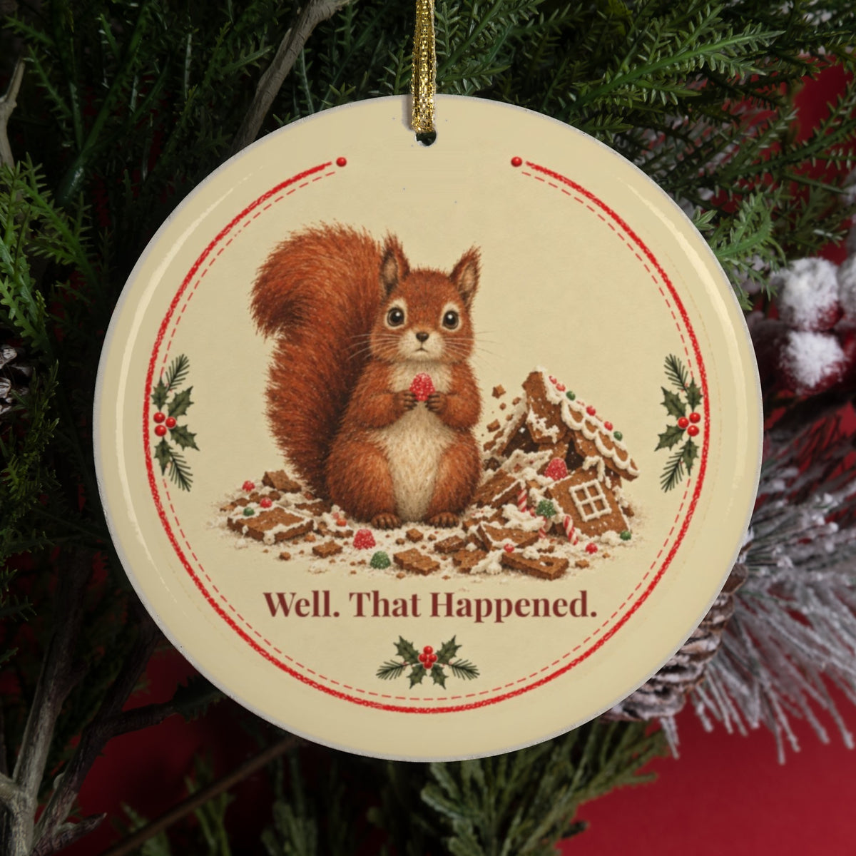 Funny squirrel Christmas ornament that says Well. That Happened.
