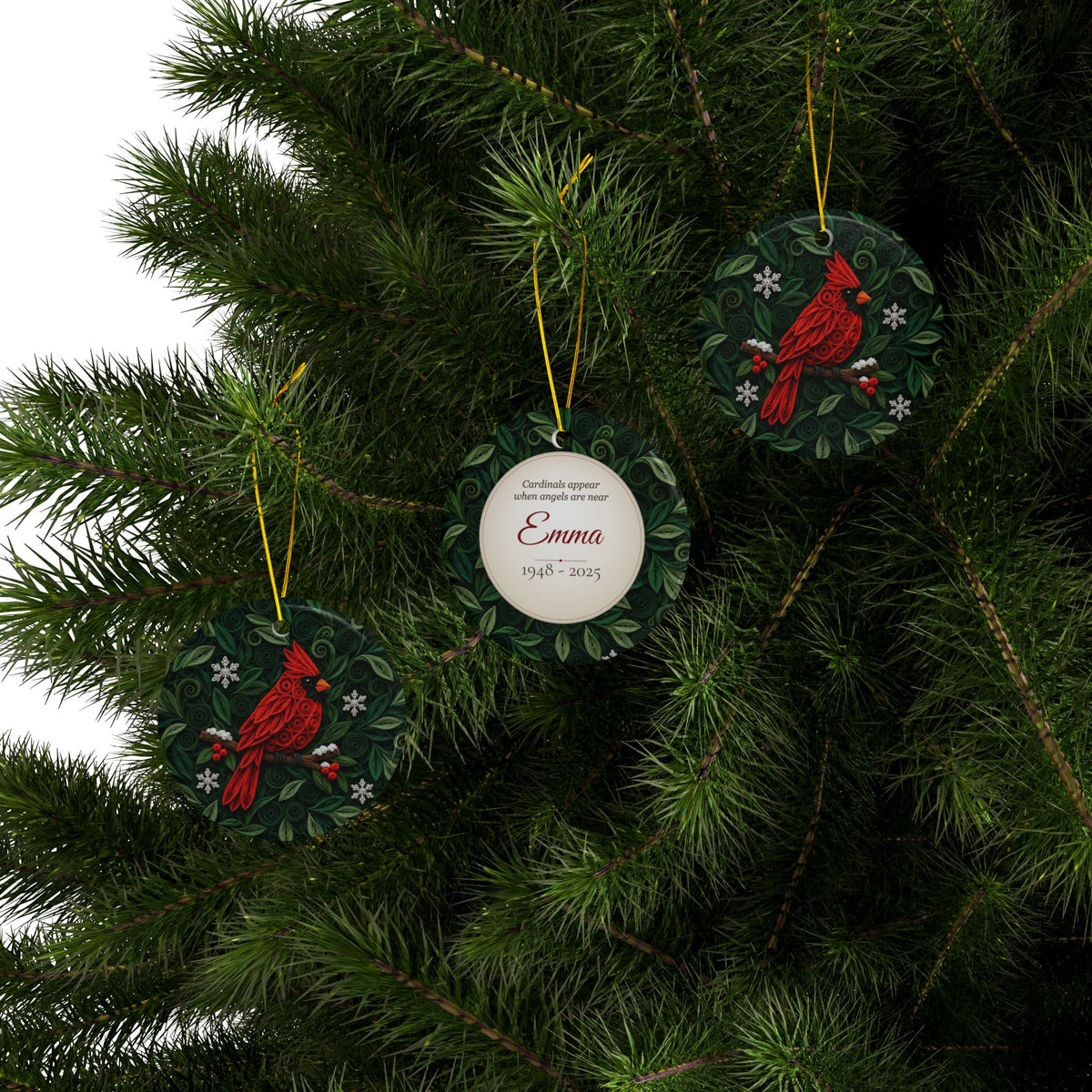 Cardinal Memorial Ornament, Personalized Name and Years, Cardinals Appear When Angels Are Near, Green Quilled Paper Look