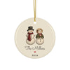 Personalized snowman couple Christmas ornament 2026 with custom names, round ceramic